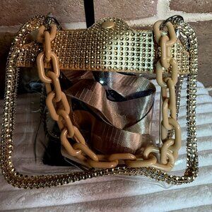 Clear Gold Rhinestone Shoulder Bag with Beige Chain Strap